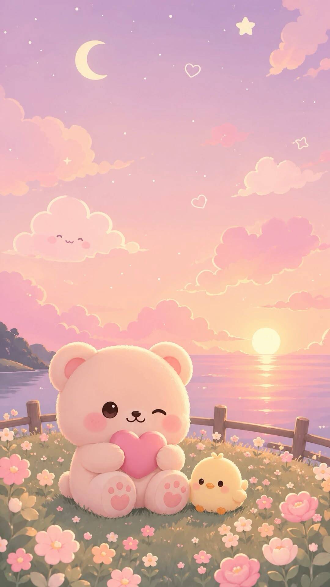 Fondo de Pantalla de Lindo Oso con Corazón y Pato para Móvil/iPhone 4K