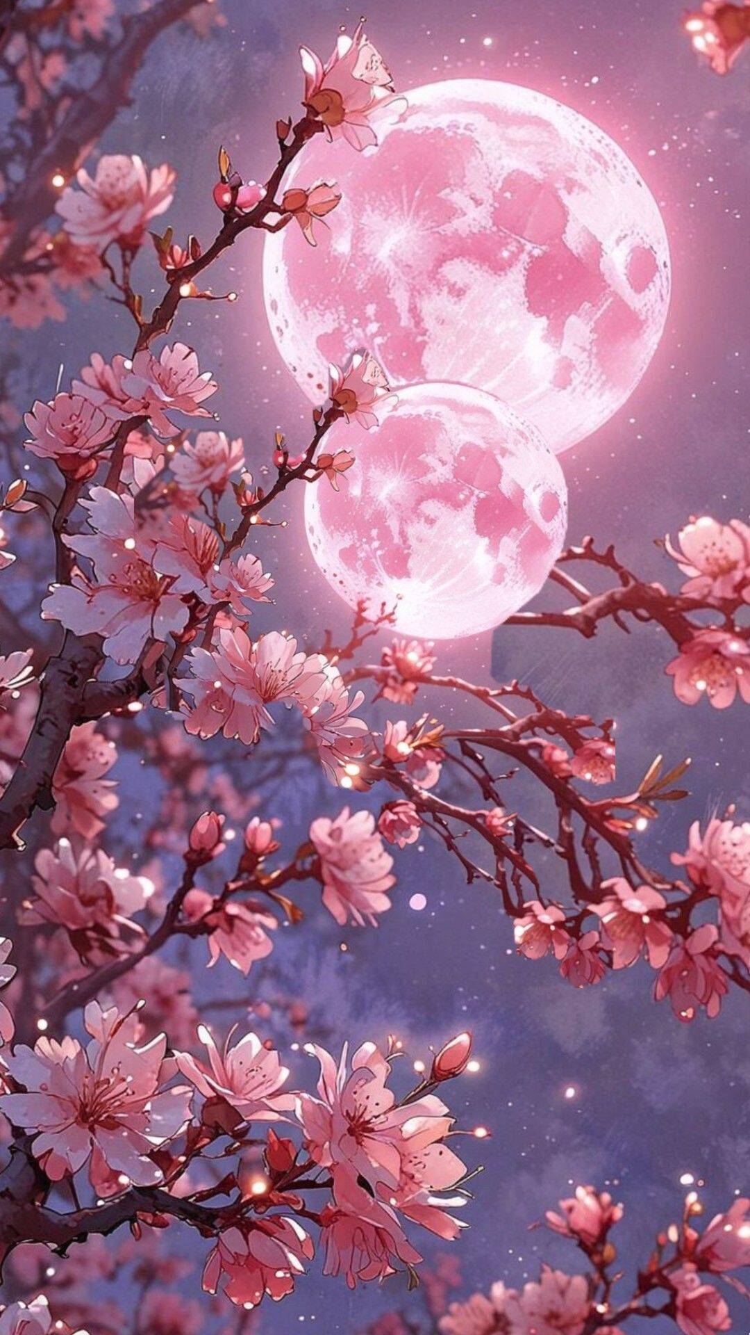 Fondo de pantalla lindo de flores de cerezo y luna rosa para móvil/iPhone 4K