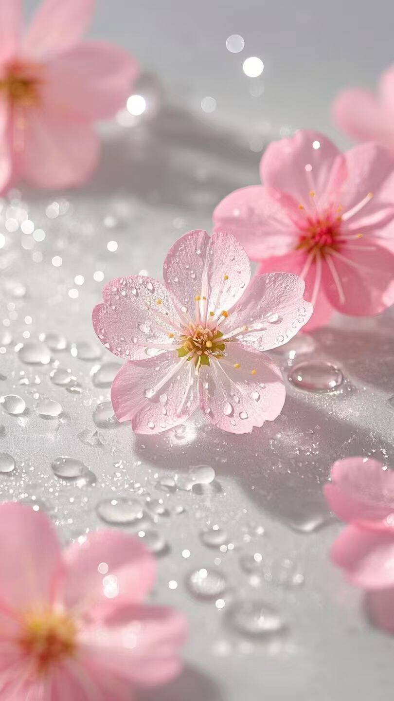 Papel de Parede Fofo de Flores de Cerejeira com Gotas de Água para Celular/iPhone 4K