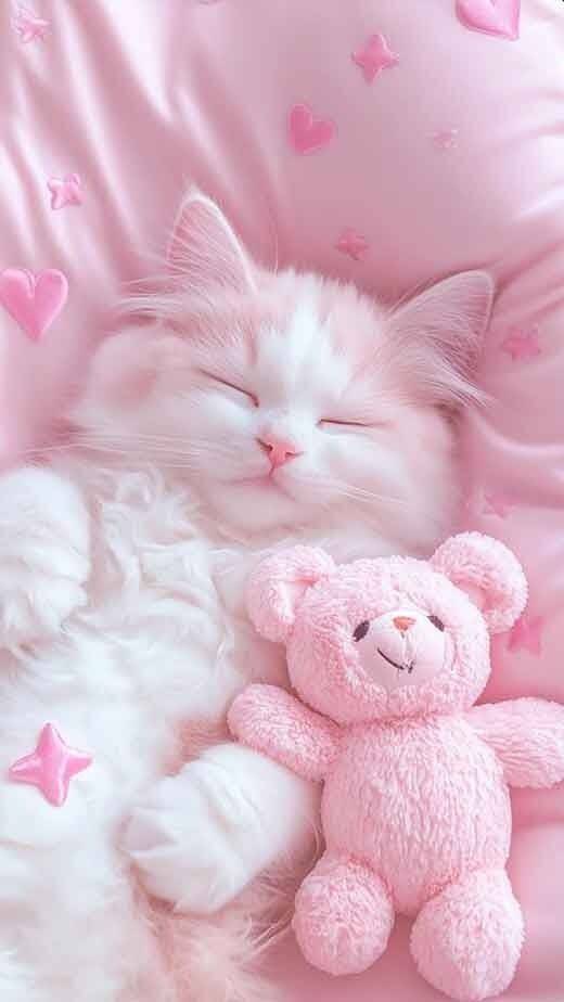 Fondo de Pantalla de Lindo Gato Durmiendo con Osito de Peluche para Móvil/iPhone 4K