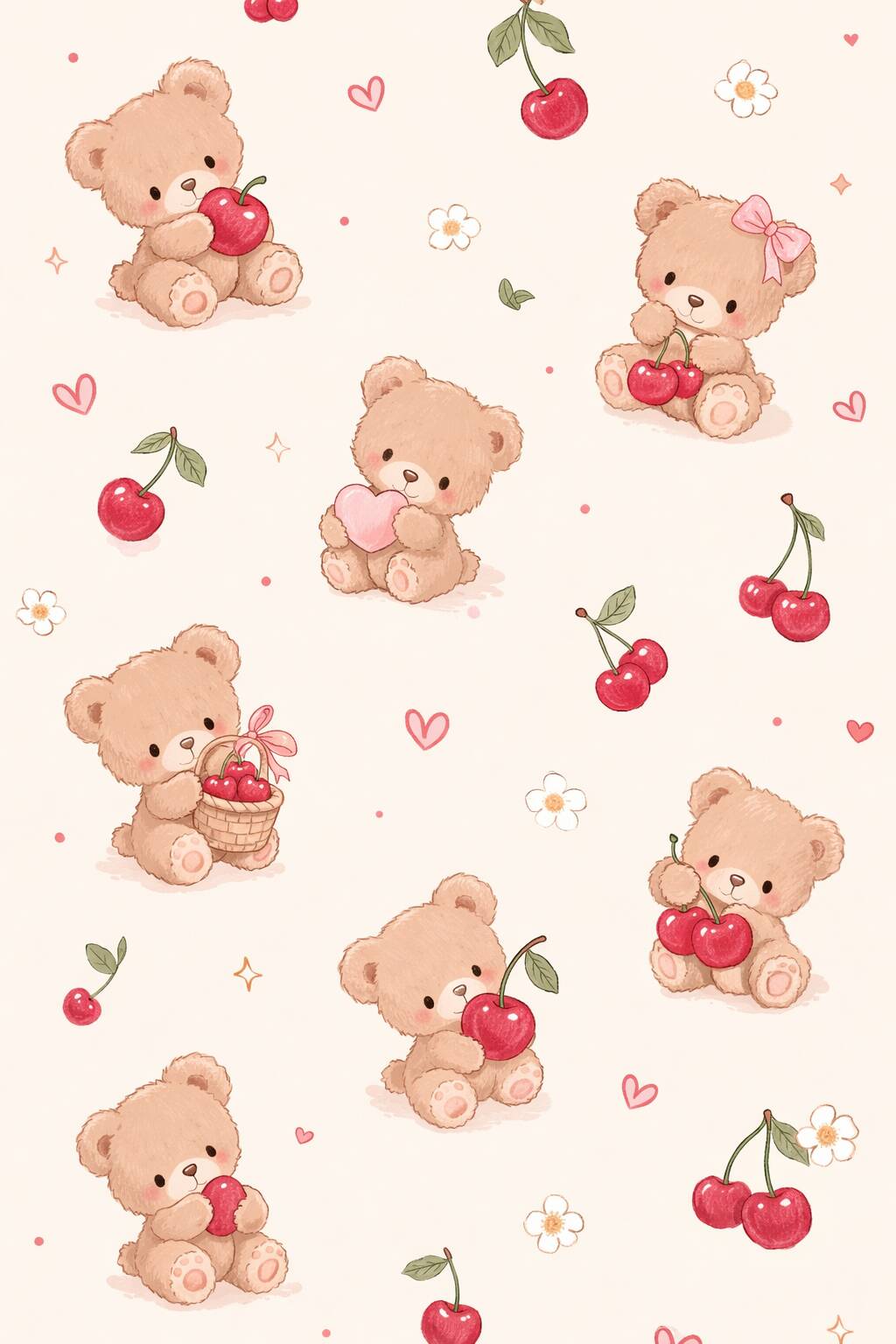 Fondo de Pantalla de Lindos Ositos de Peluche con Cerezas para Celular/iPhone 4K