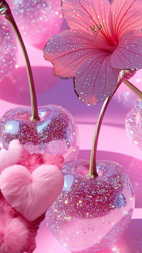 Fondo de Pantalla Lindas Cerezas Brillantes con Flor Rosa para Móvil/iPhone 4K