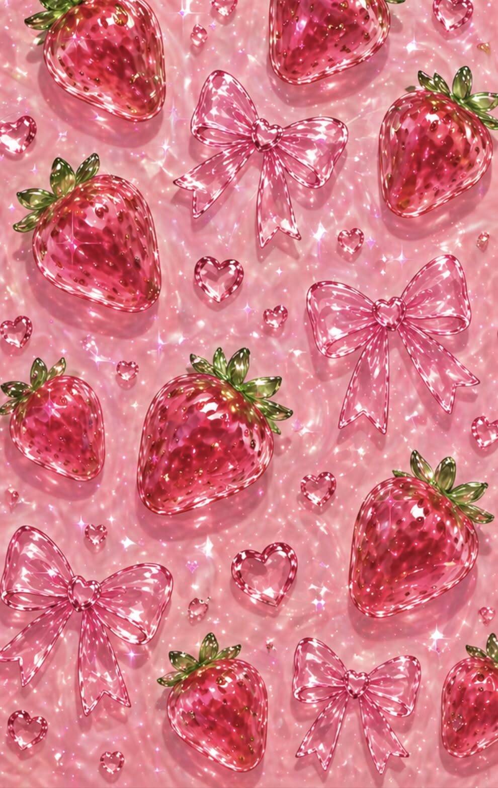 Papel de Parede Fofo de Morangos Brilhantes com Laços para Celular/iPhone 4K