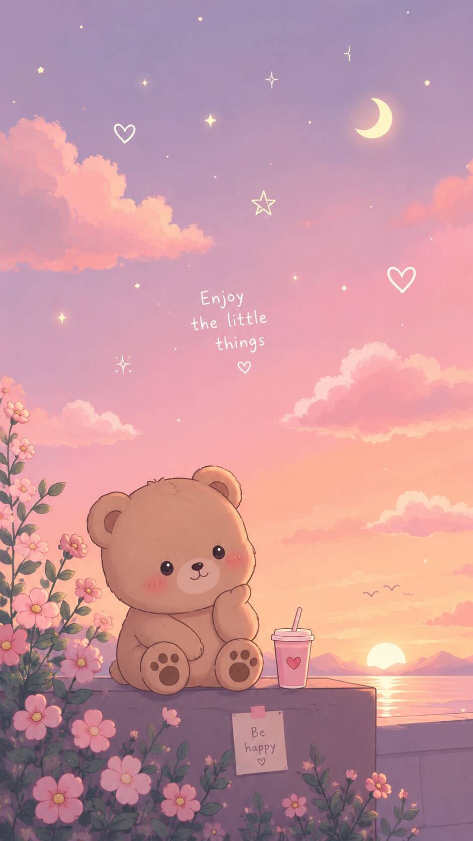 Fondo de Pantalla de Lindo Oso con Bebida y Cielo Colorido para Móvil/iPhone 4K