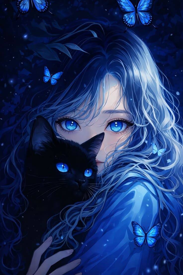 Papel de Parede Azul com Menina e Gato para Celular/iPhone 4K