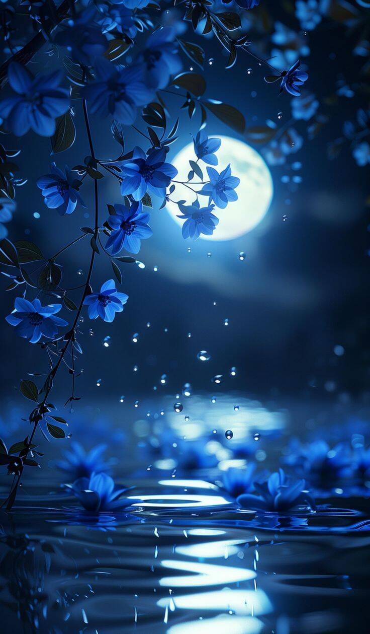 Papel de Parede Azul com Flores e Lua para Celular/iPhone 4K