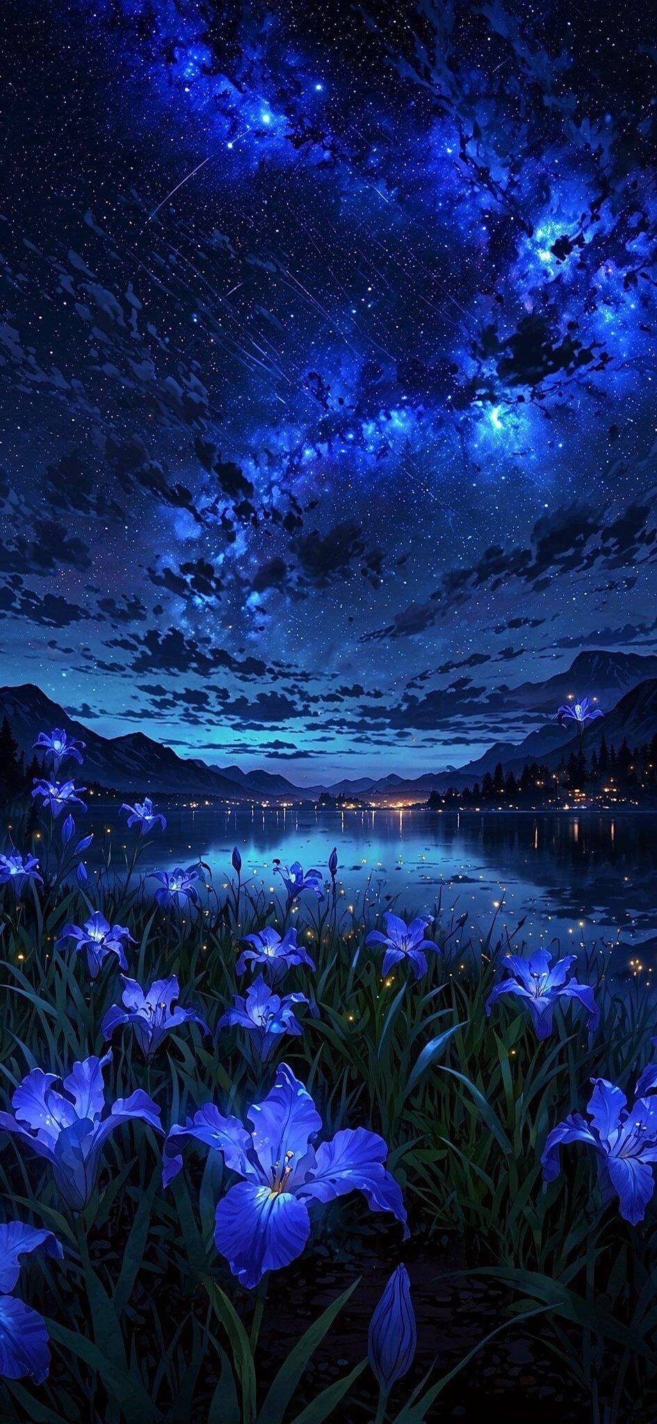 Papel de Parede Azul com Flores e Céu Estrelado para Celular/iPhone 4K