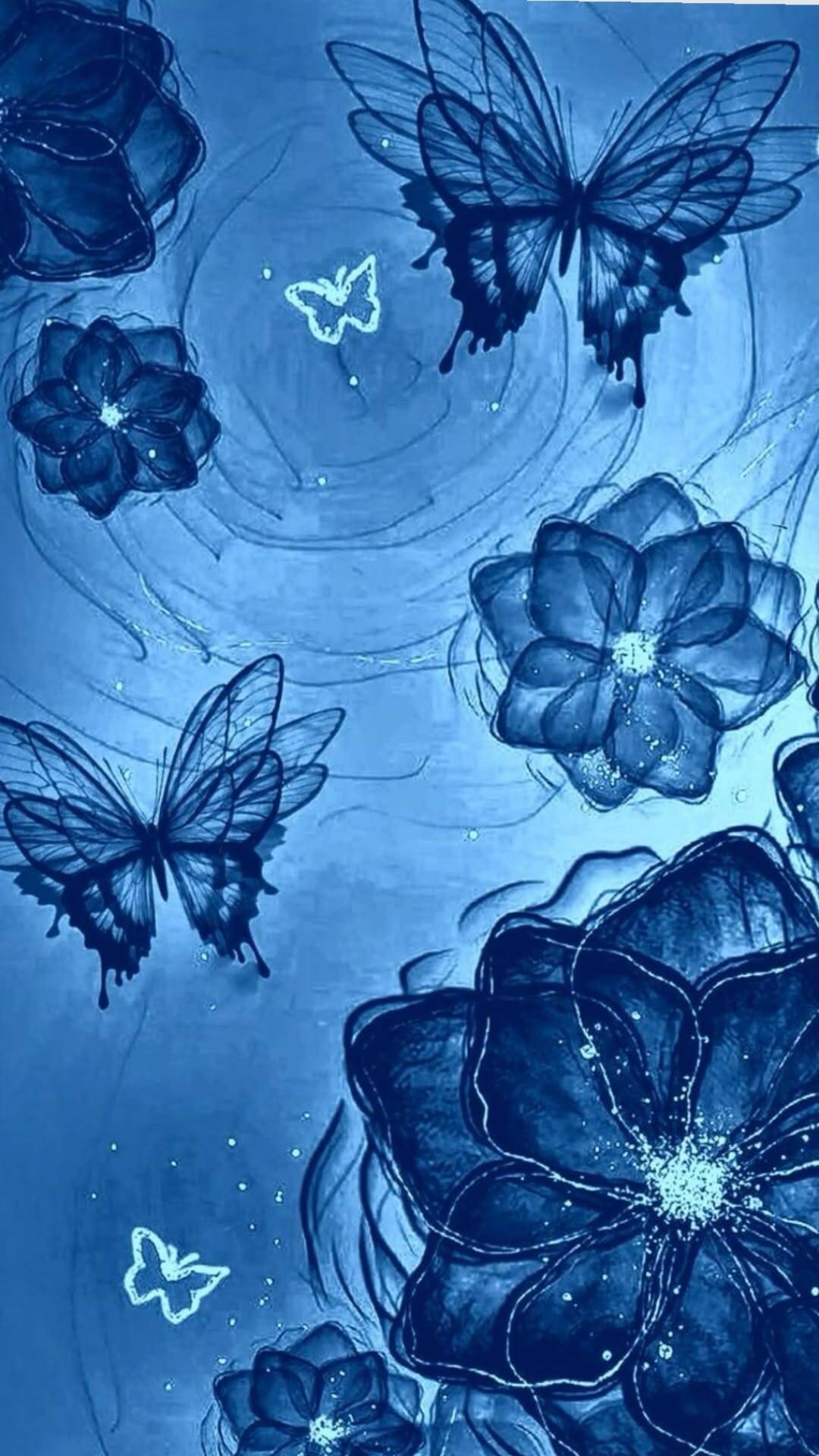 Fondo de Pantalla Azul con Mariposas y Flores para Celular/iPhone 4K