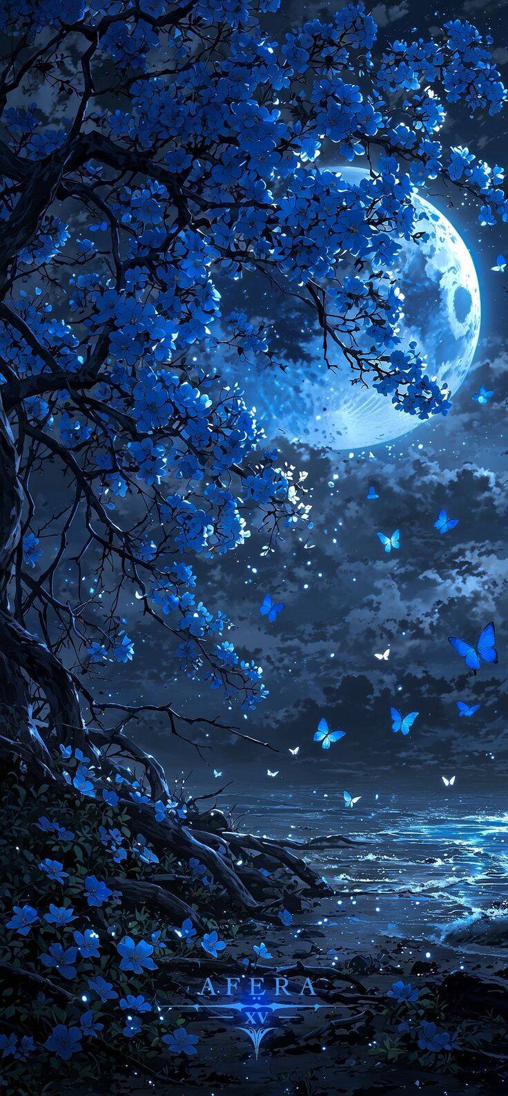 Papel de Parede Azul com Borboletas e Lua para Celular/iPhone 4K