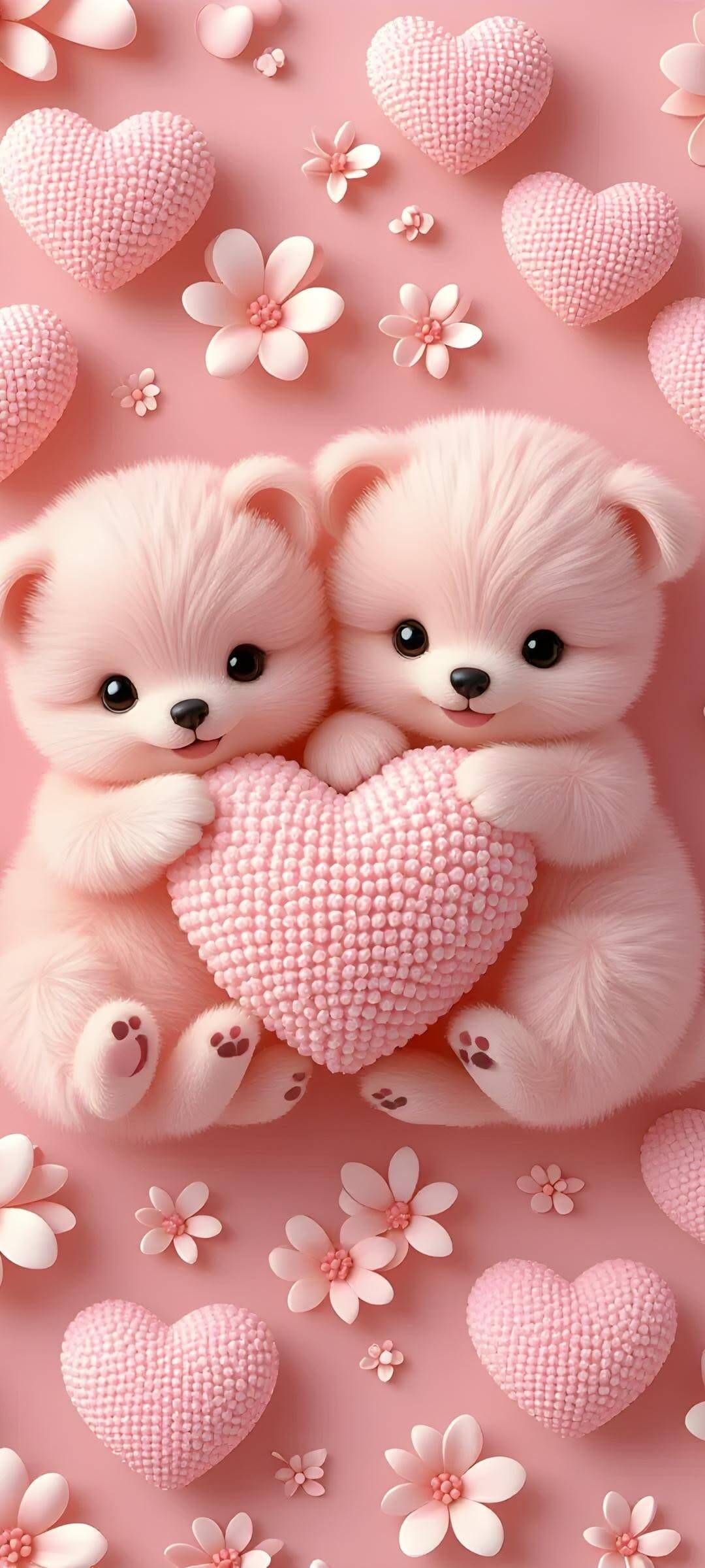 Pink Wallpaper with Teddy Bears and Hearts for Cell Phone/iPhone