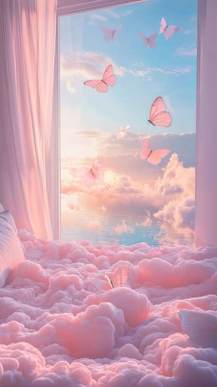 Fondo de Pantalla Rosa con Nubes y Mariposas para Celular/iPhone