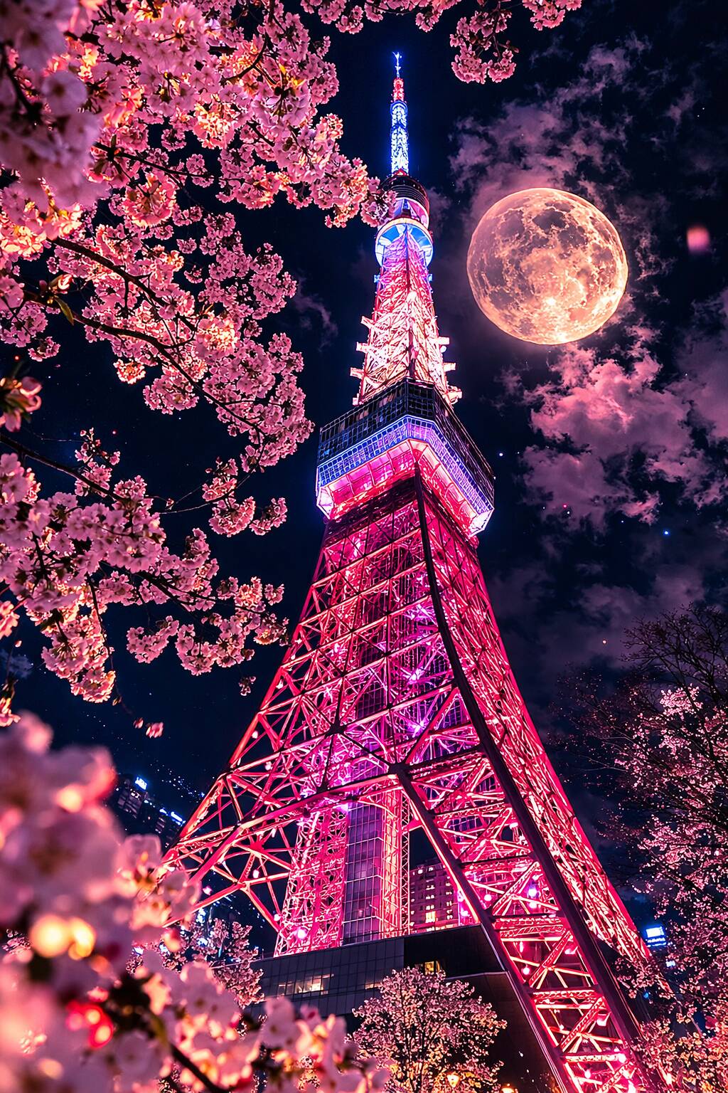 Fondo de Pantalla Rosa con Torre de Tokio y Flores para Celular/iPhone