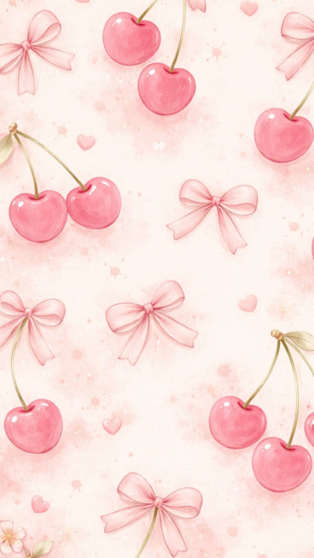 Pink Wallpaper with Cherries and Bows for Cell Phone/iPhone