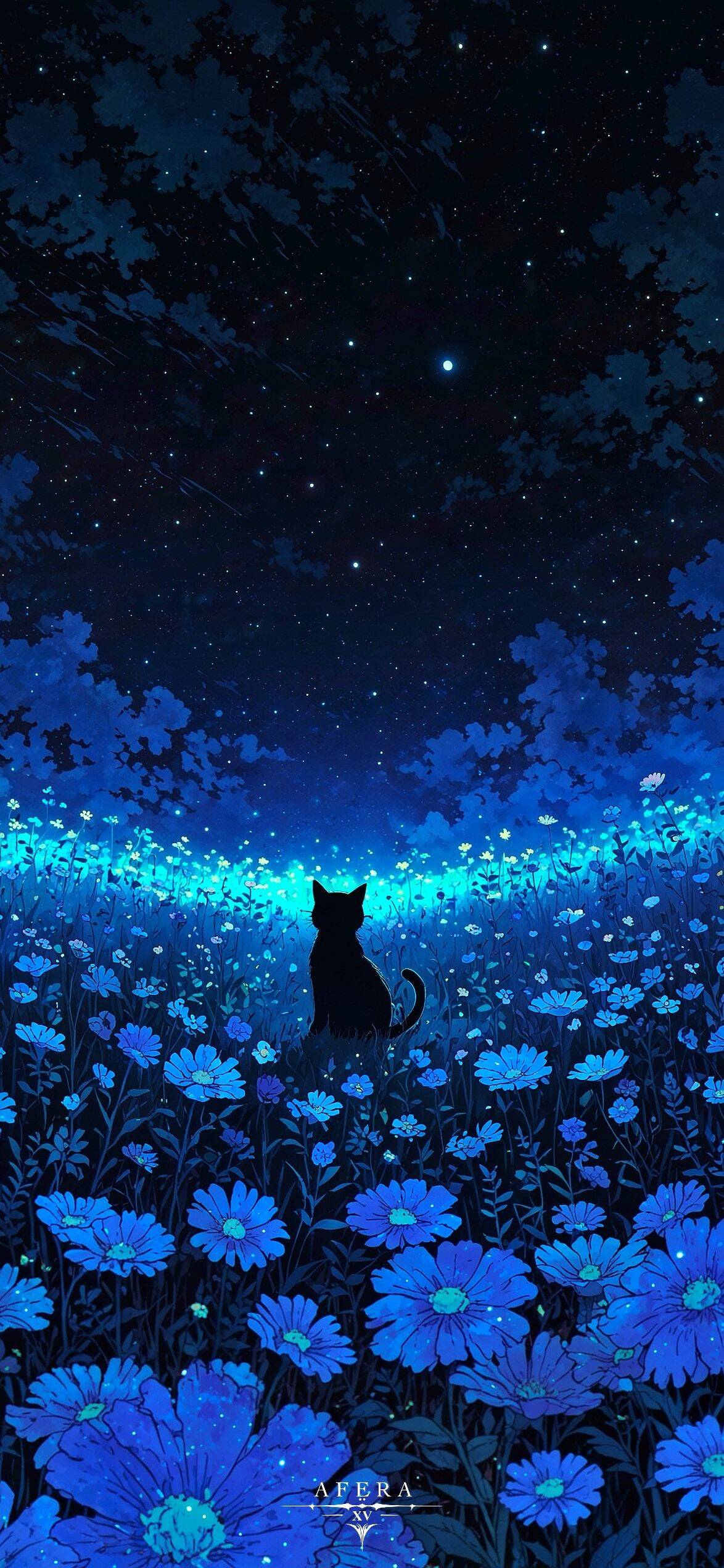 Blue Wallpaper with Cat and Flowers for Cell Phone/iPhone 4K