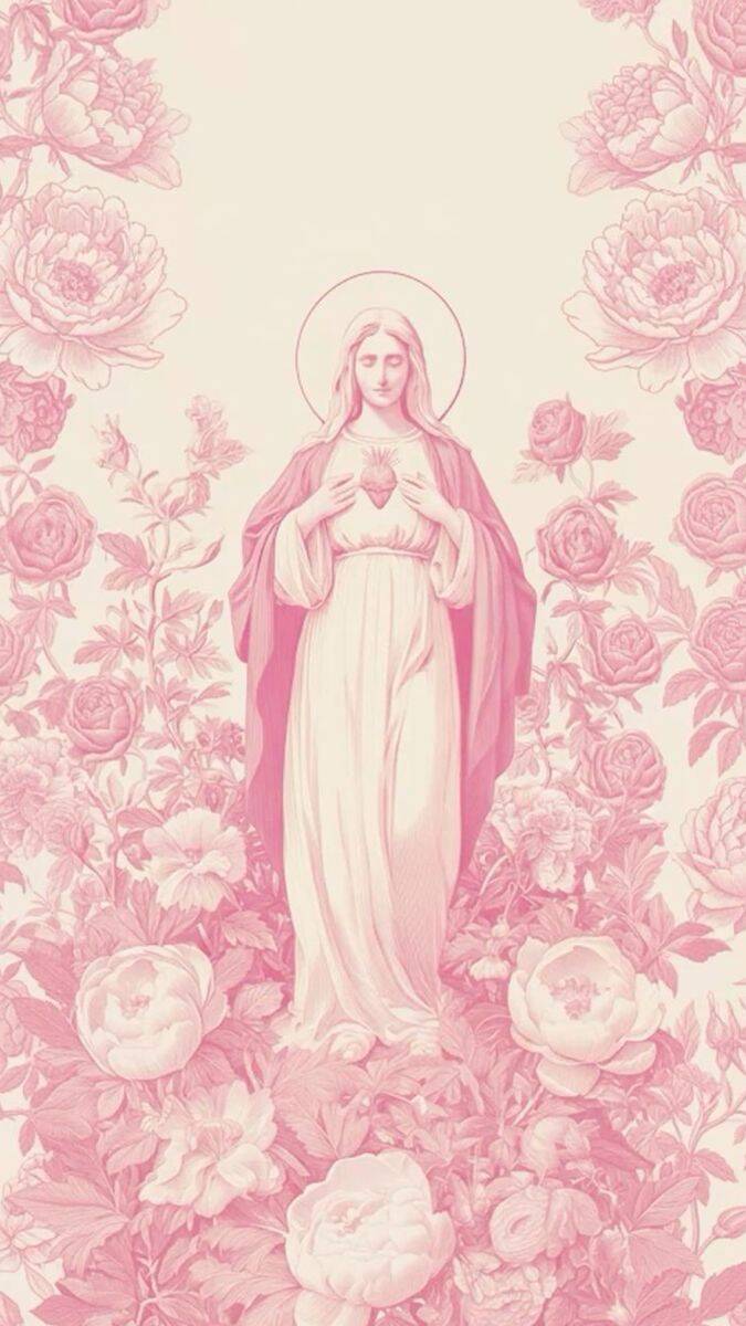 Fondo de Pantalla Rosa con Flores e Imagen Religiosa para Celular/iPhone