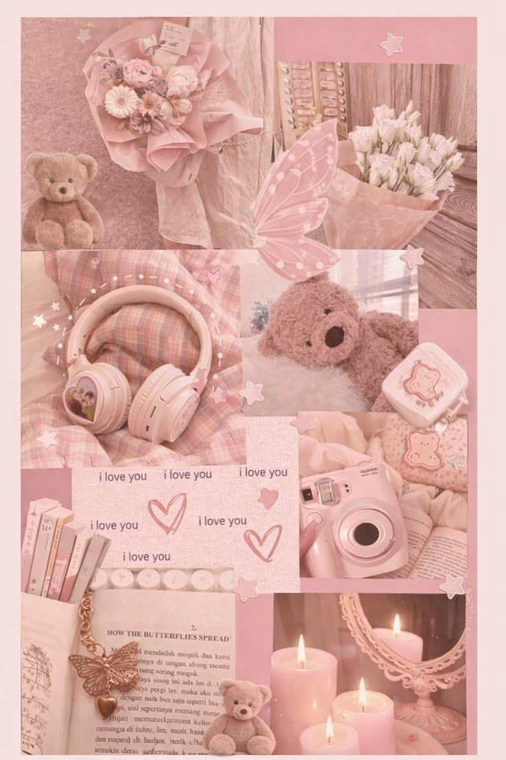 Fondo de pantalla Aesthetic rosa con ositos de peluche y flores para celular/iPhone