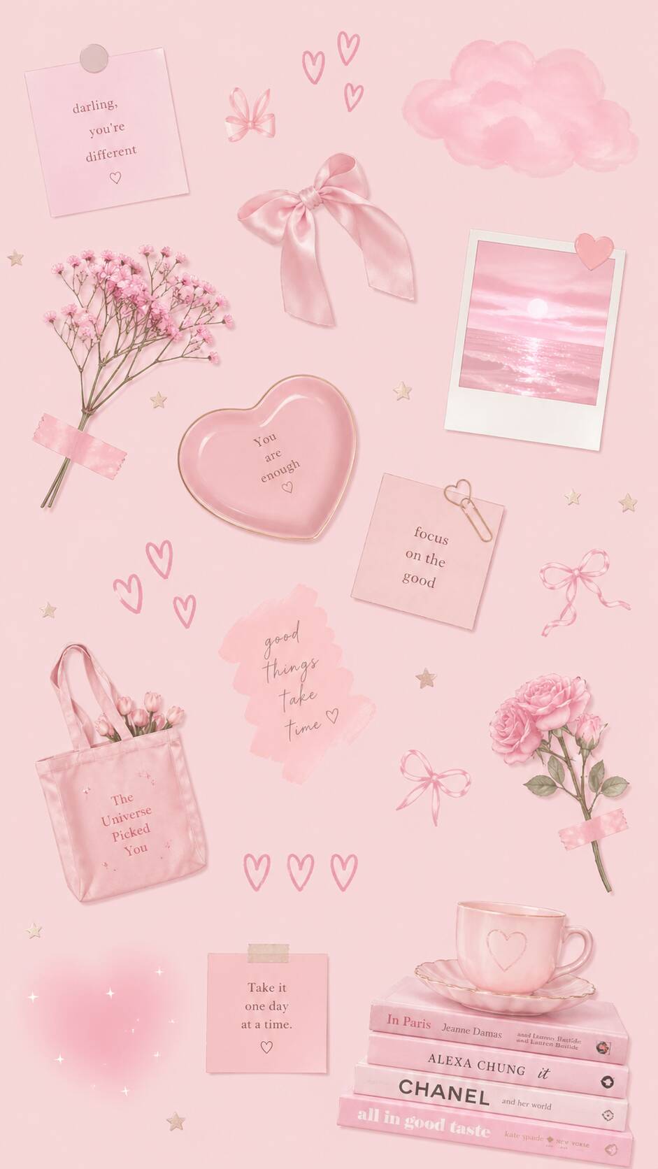 Fondo de Pantalla Aesthetic Rosa con Corazones y Flores para Celular/iPhone