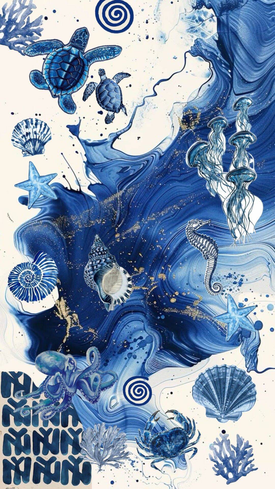 Fondo de Pantalla Azul con Tortugas y Estrellas de Mar para Celular/iPhone 4K