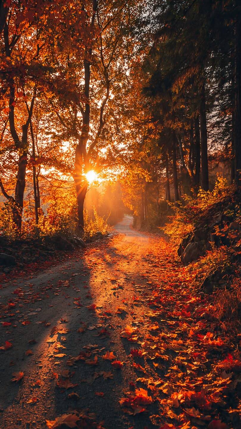 Papel de Parede de Outono com Caminho de Folhas Secas ao Pôr do Sol para Celular/iPhone 4K