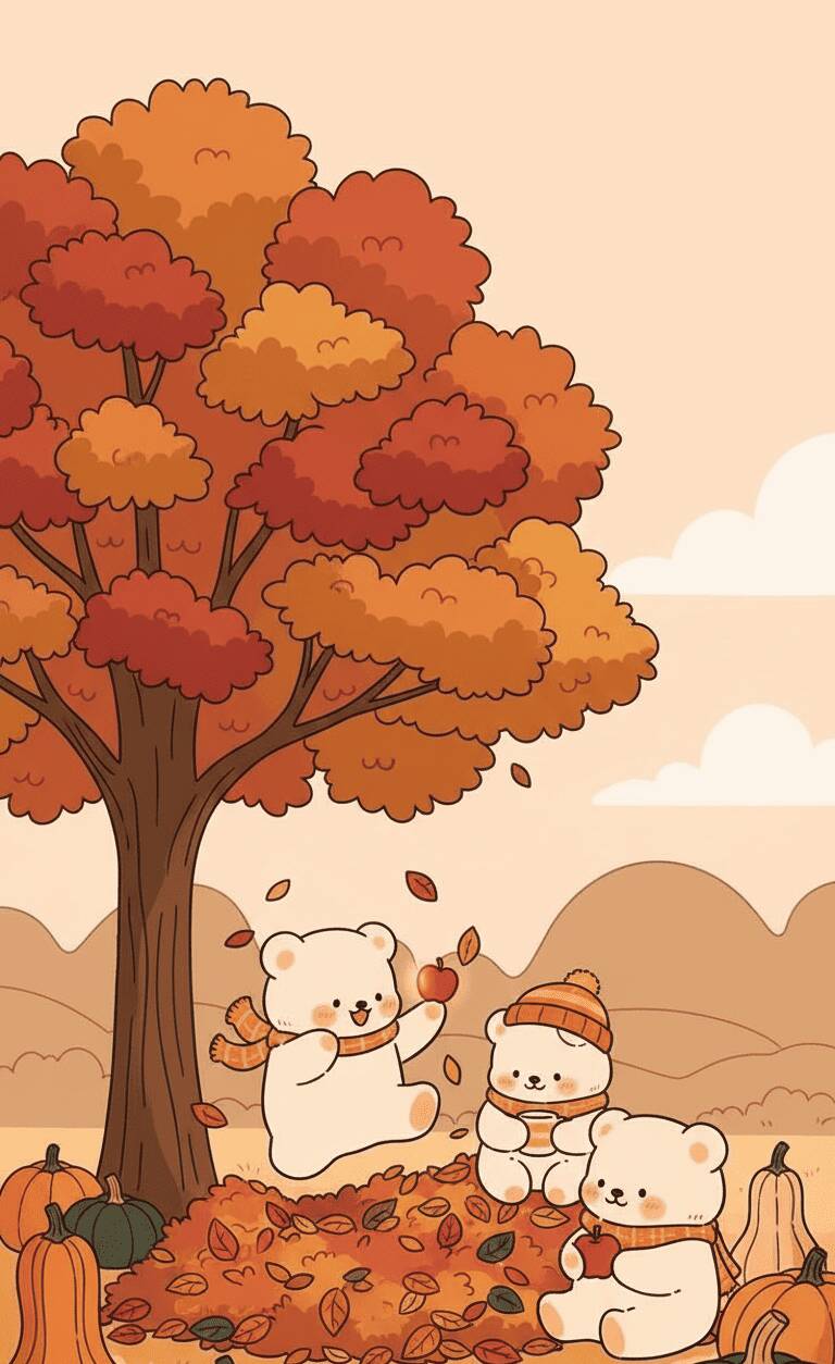 Papel de Parede de Outono com Ursinhos e Folhas para Celular/iPhone