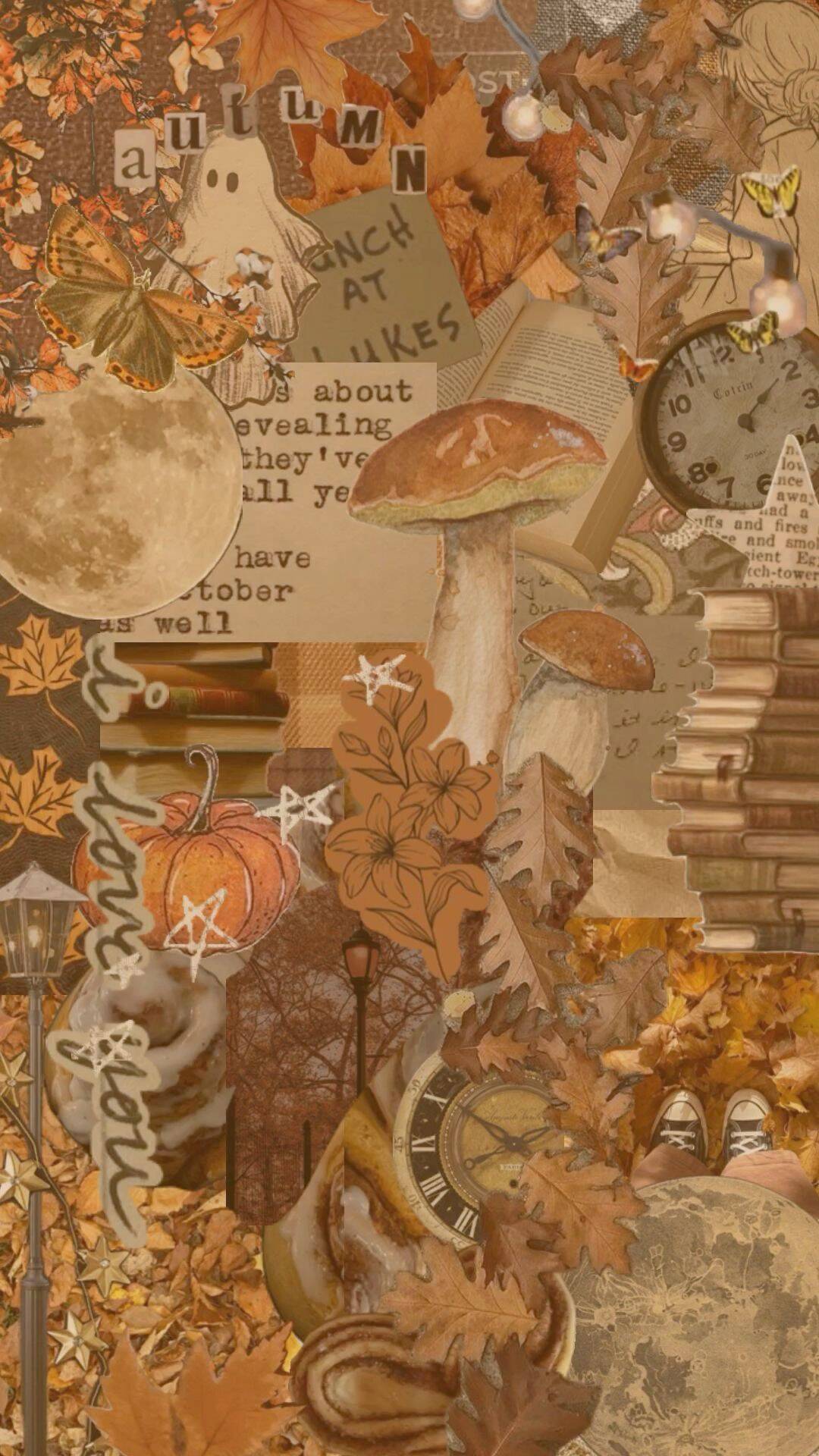 Papel de Parede de Outono Vintage com Cogumelos e Folhas para Celular/iPhone