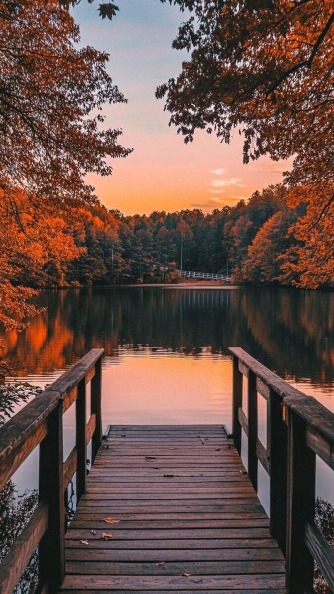 Papel de Parede de Outono com Lago e Pôr do Sol para Celular/iPhone