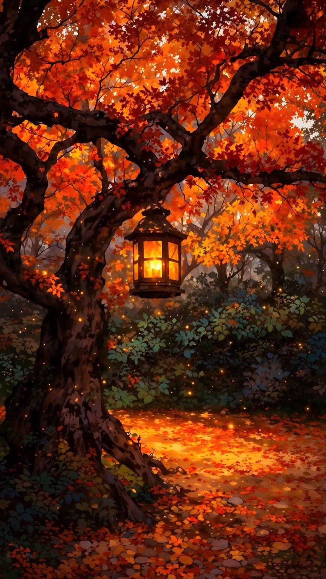 Fondo de Pantalla de Otoño con Linterna y Hojas de Naranja para Celular/iPhone