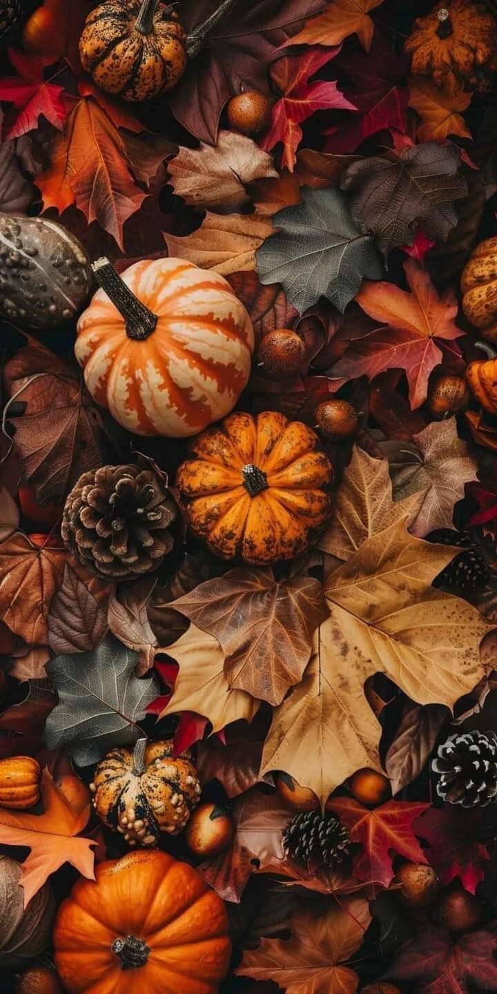Fondo de Pantalla de Otoño con Calabazas y Hojas de Colores para Celular/iPhone