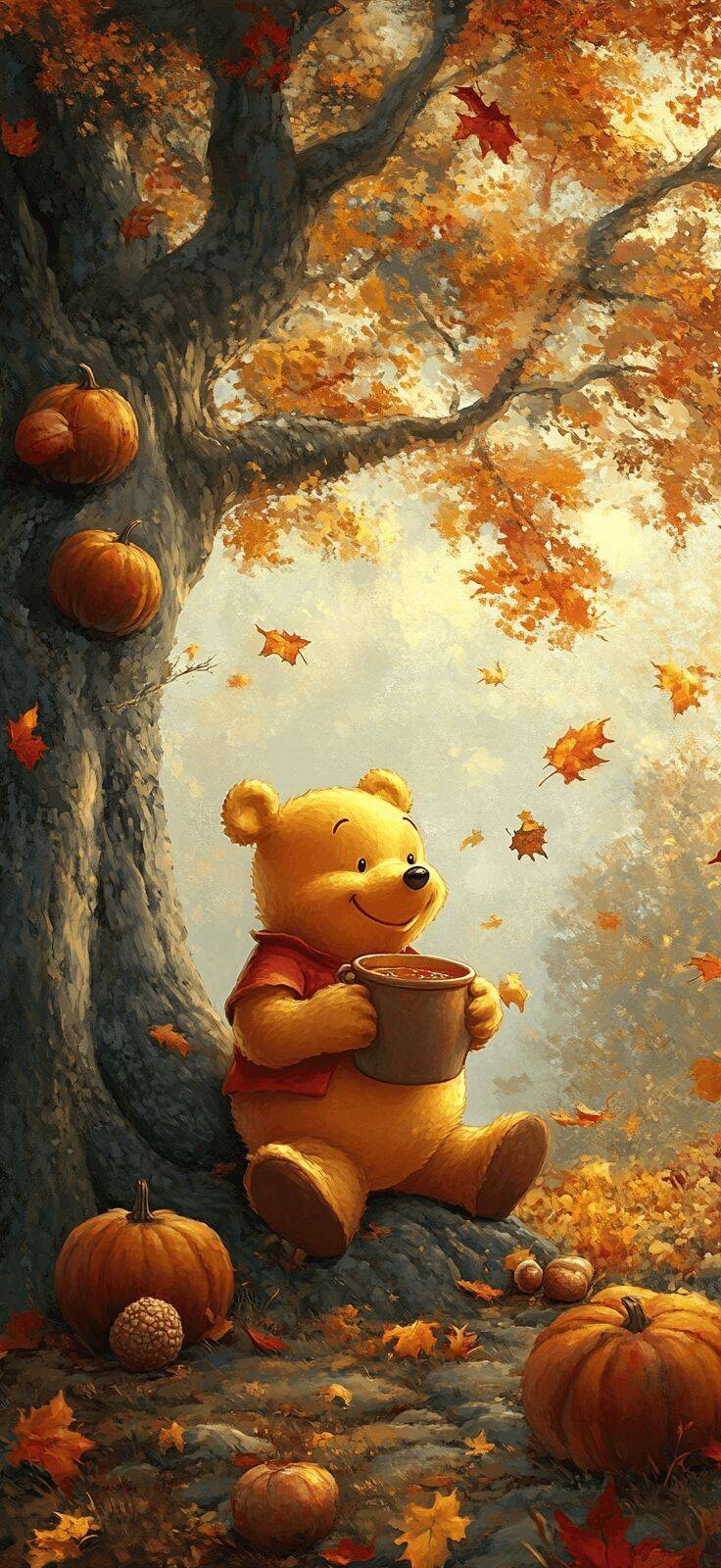 Fondo de Pantalla de Otoño con Osito de Peluche y Calabazas para Celular/iPhone