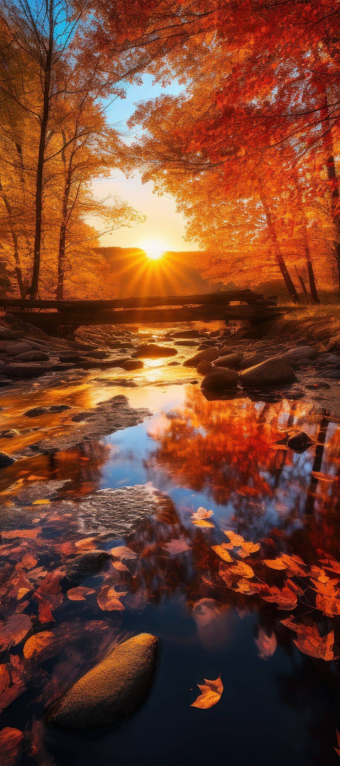Fondo de Pantalla de Otoño con Río y Hojas de Naranja para Celular/iPhone 4K