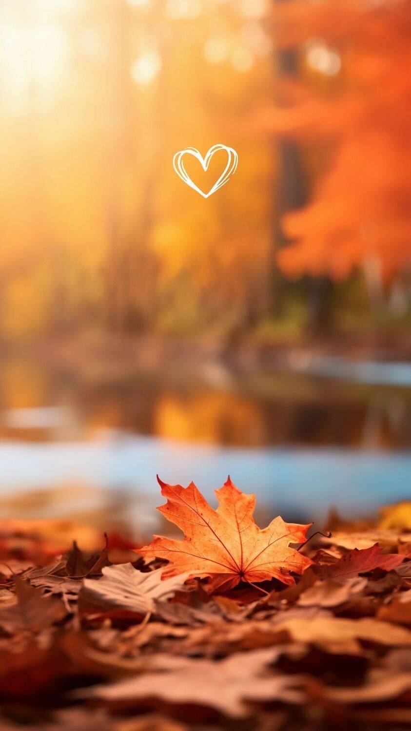 Fondo de Pantalla de Otoño con Hoja de Arce y Corazón para Celular/iPhone