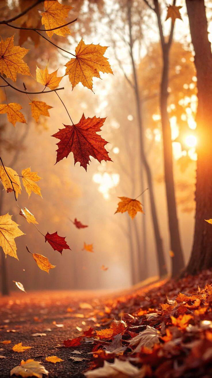Fondo de Pantalla de Otoño con Hojas Cayendo al Atardecer para Celular/iPhone