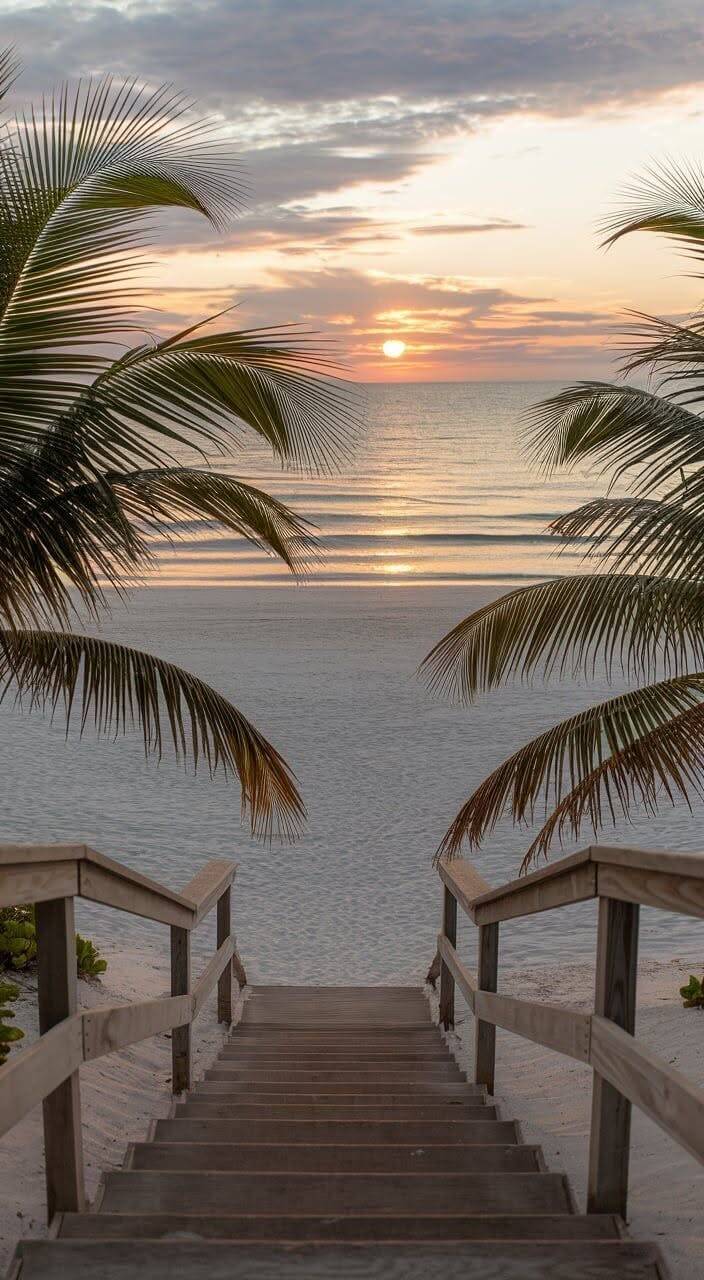 Fondo de Pantalla de Playa con Atardecer y Palmeras para Móvil/iPhone 4K