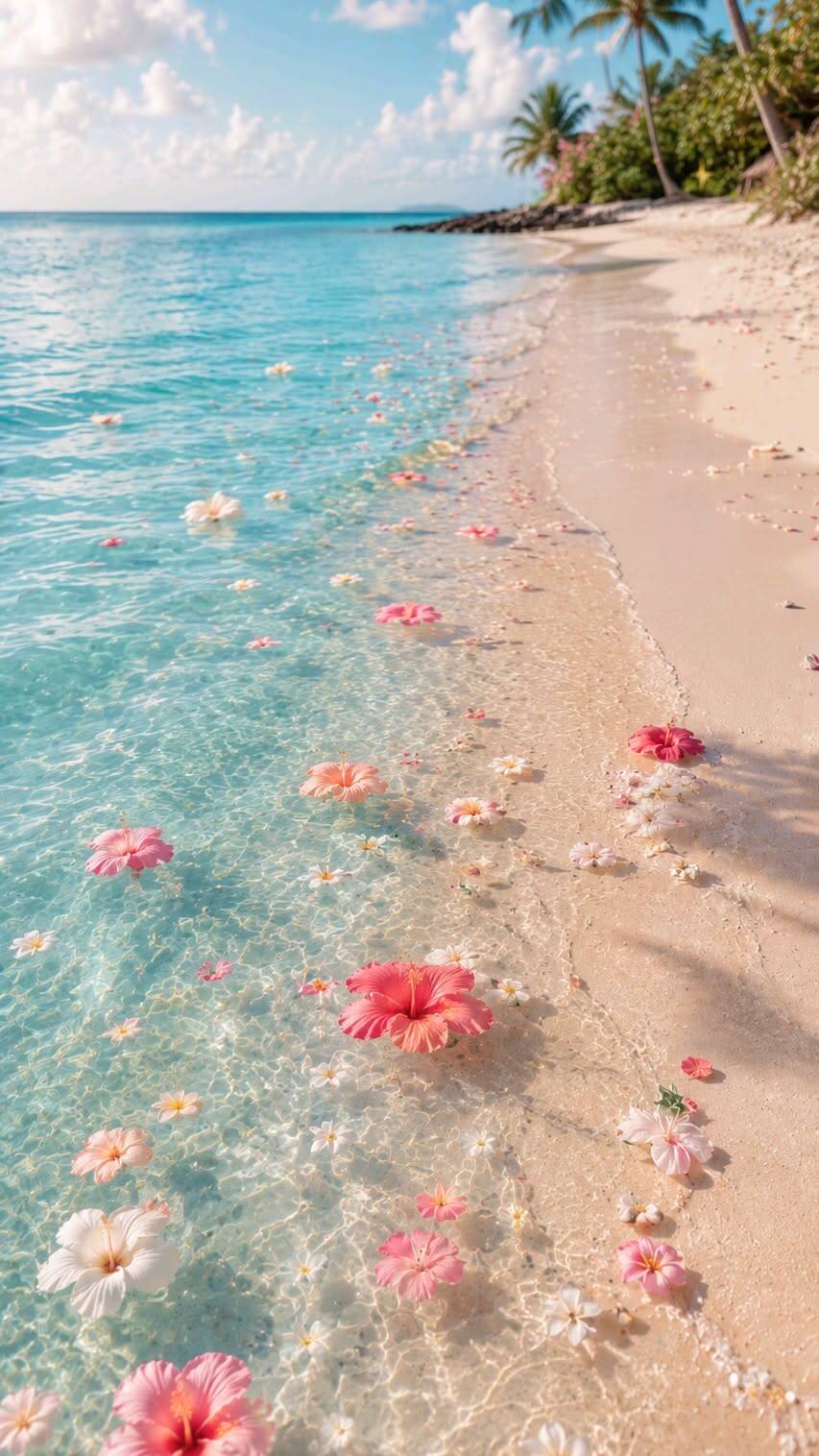 Papel de Parede de Praia com Flores na Areia para Celular/iPhone 4K