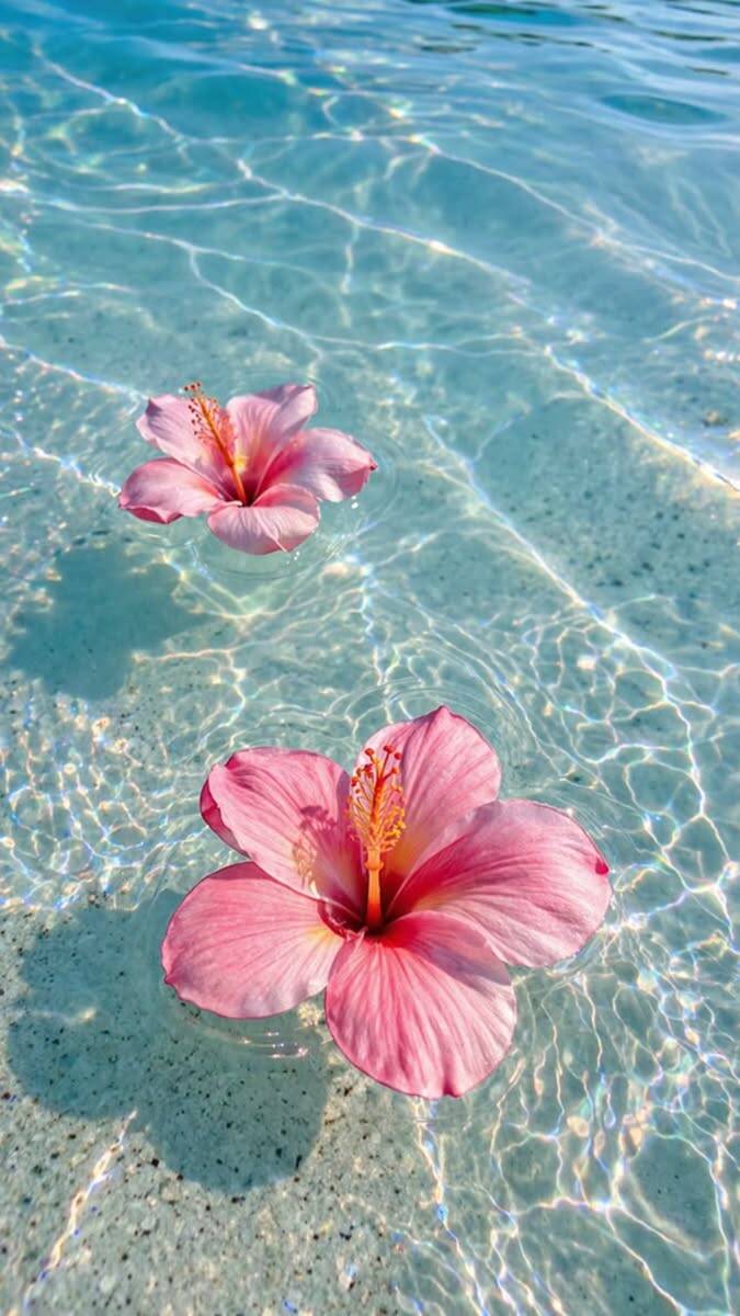 Papel de Parede de Praia com Flores de Hibisco na Água para Celular/iPhone 4K