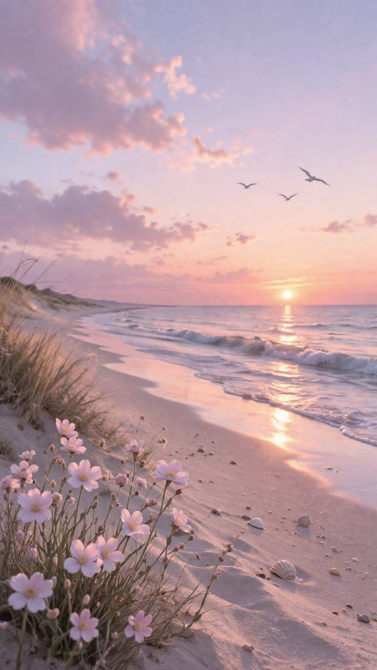 Papel de Parede de Praia com Pôr do Sol e Flores para Celular/iPhone 4K