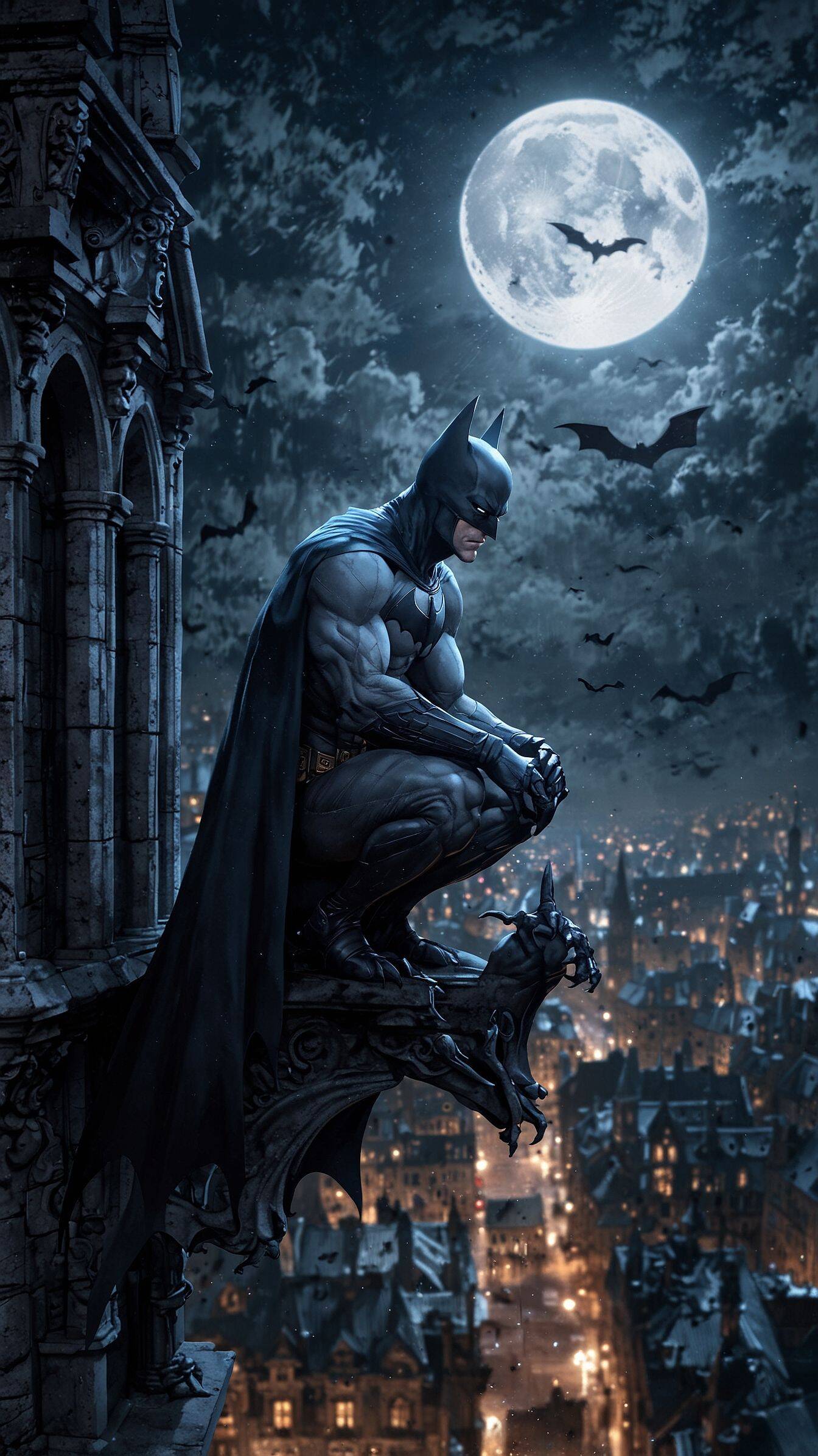 Batman on Top of the Building with the Full Moon Wallpaper for Cell Phone/iPhone 4K