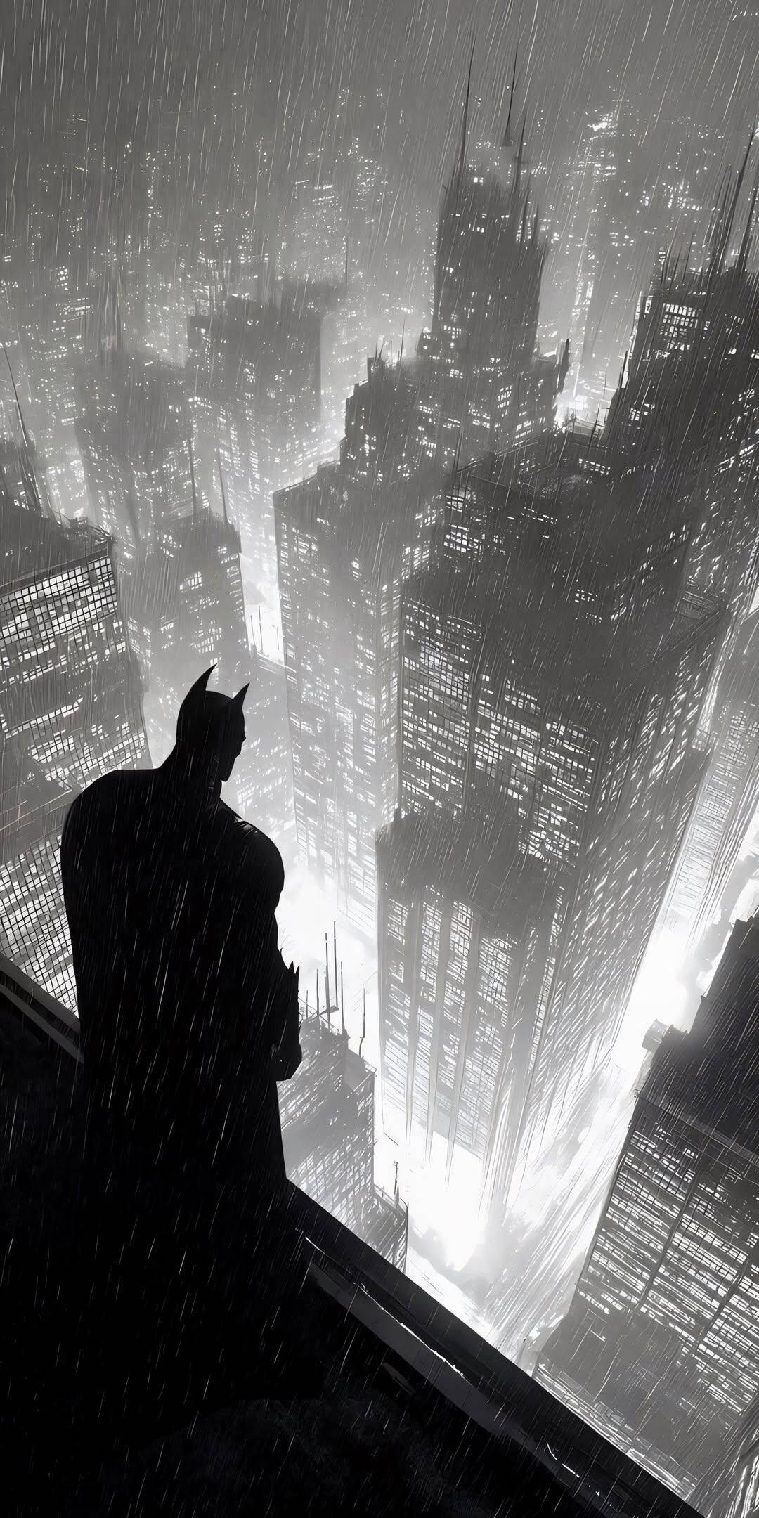 Fondo de Pantalla de Batman Observando la Ciudad en Blanco y Negro para Celular/iPhone 4K