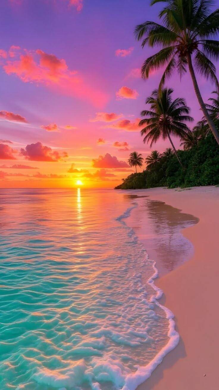 Papel de Parede de Praia com Pôr do Sol e Palmeiras para Celular/iPhone 4K
