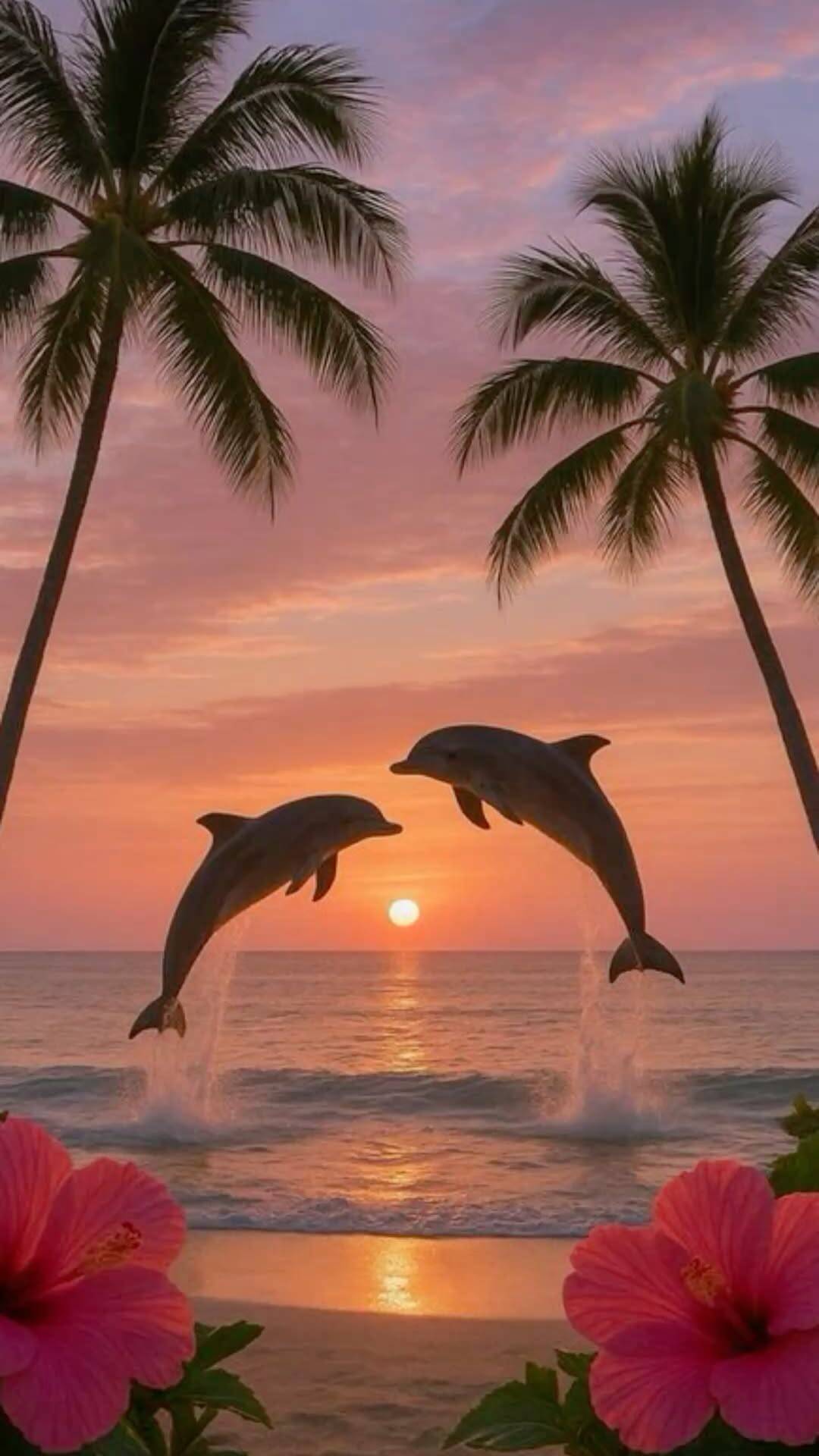 Papel de Parede de Praia com Golfinhos e Pôr do Sol para Celular/iPhone 4K