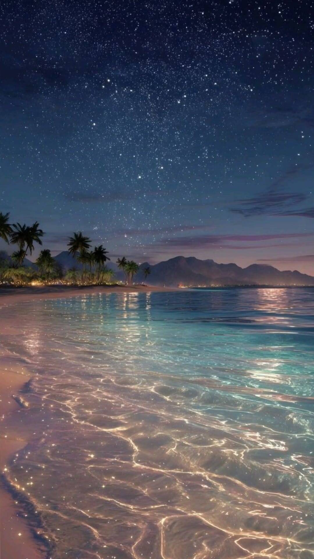 Papel de Parede de Praia com Céu Estrelado e Água Cristalina para Celular/iPhone 4K