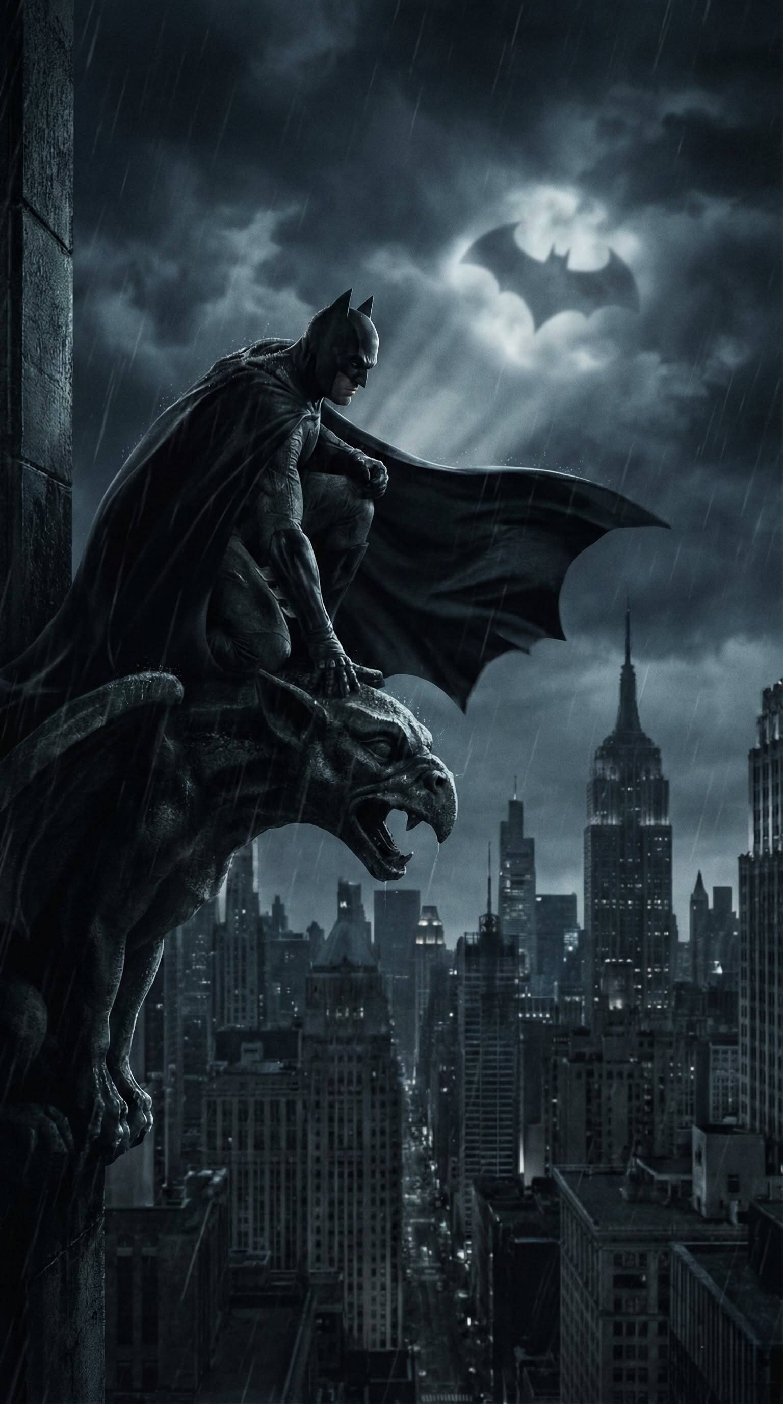Papel de Parede do Batman na Gárgula com Vista da Cidade para Celular/iPhone 4K