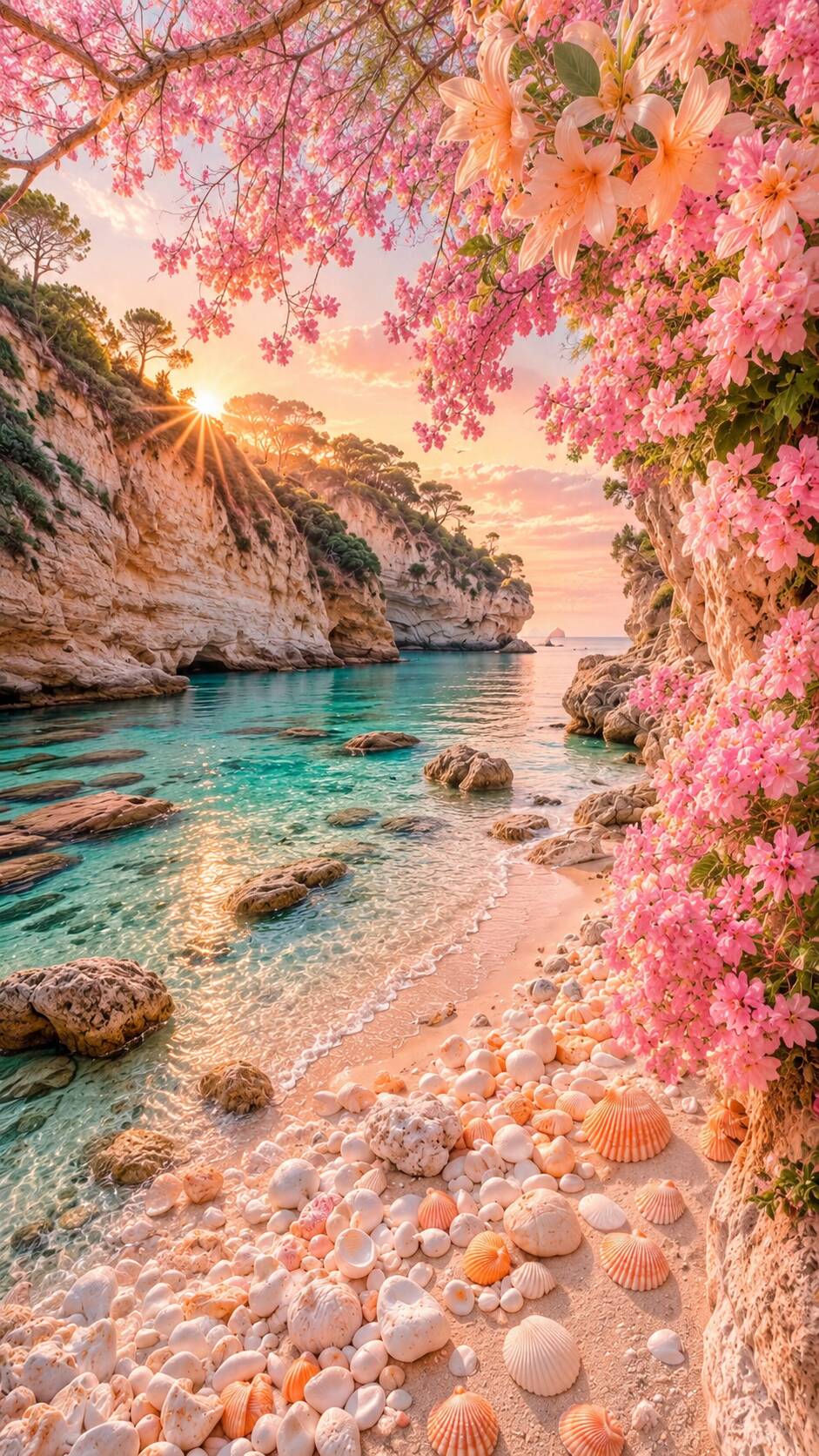 Fondo de Pantalla de Playa con Flores y Conchas para Celular/iPhone 4K