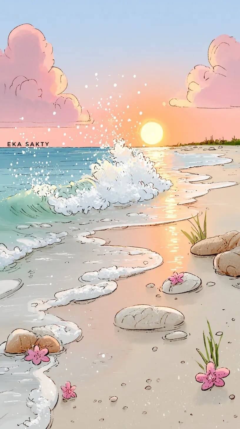 Papel de Parede de Praia com Pôr do Sol e Ondas para Celular/iPhone 4K