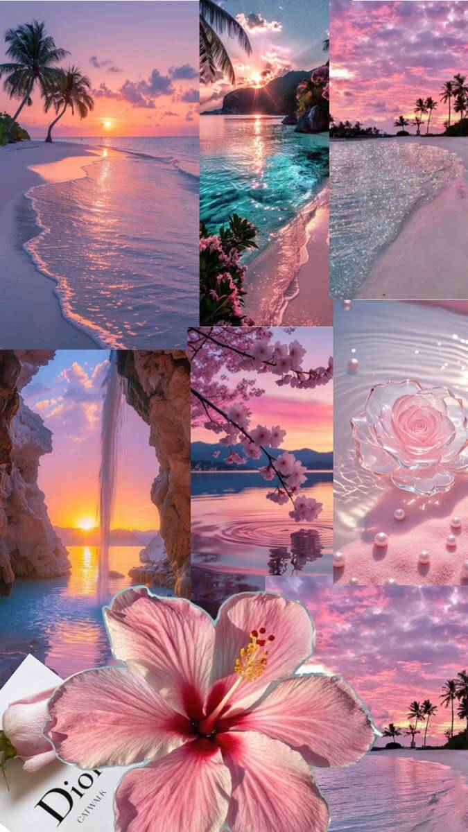 Fondo de Pantalla de Playa con Atardecer y Flores para Celular/iPhone 4K