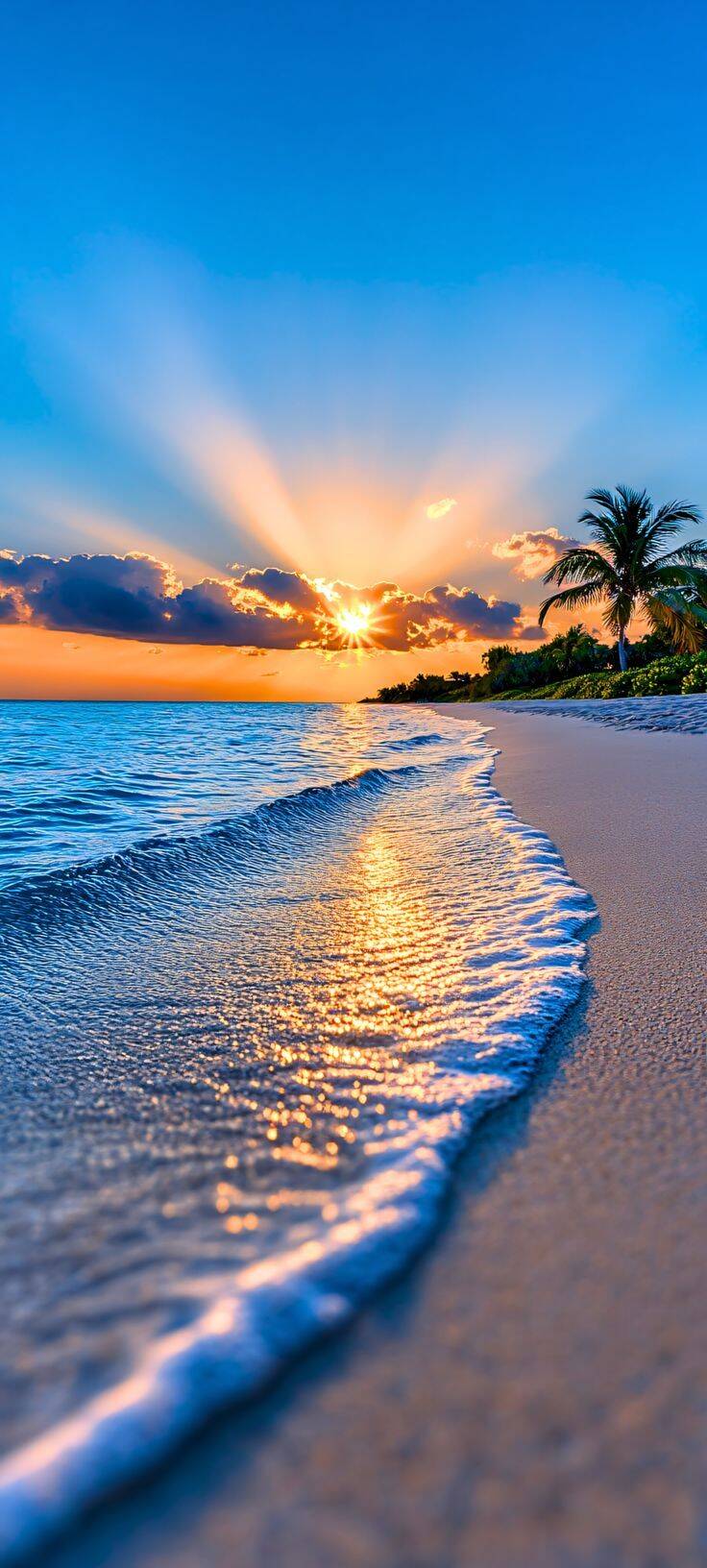 Fondo de Pantalla de Playa con Atardecer y Olas para Celular/iPhone 4K