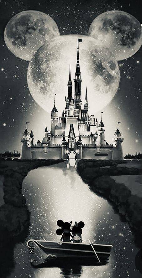 Black and White Wallpaper with Castle and Full Moon for Cell Phone/iPhone 4K