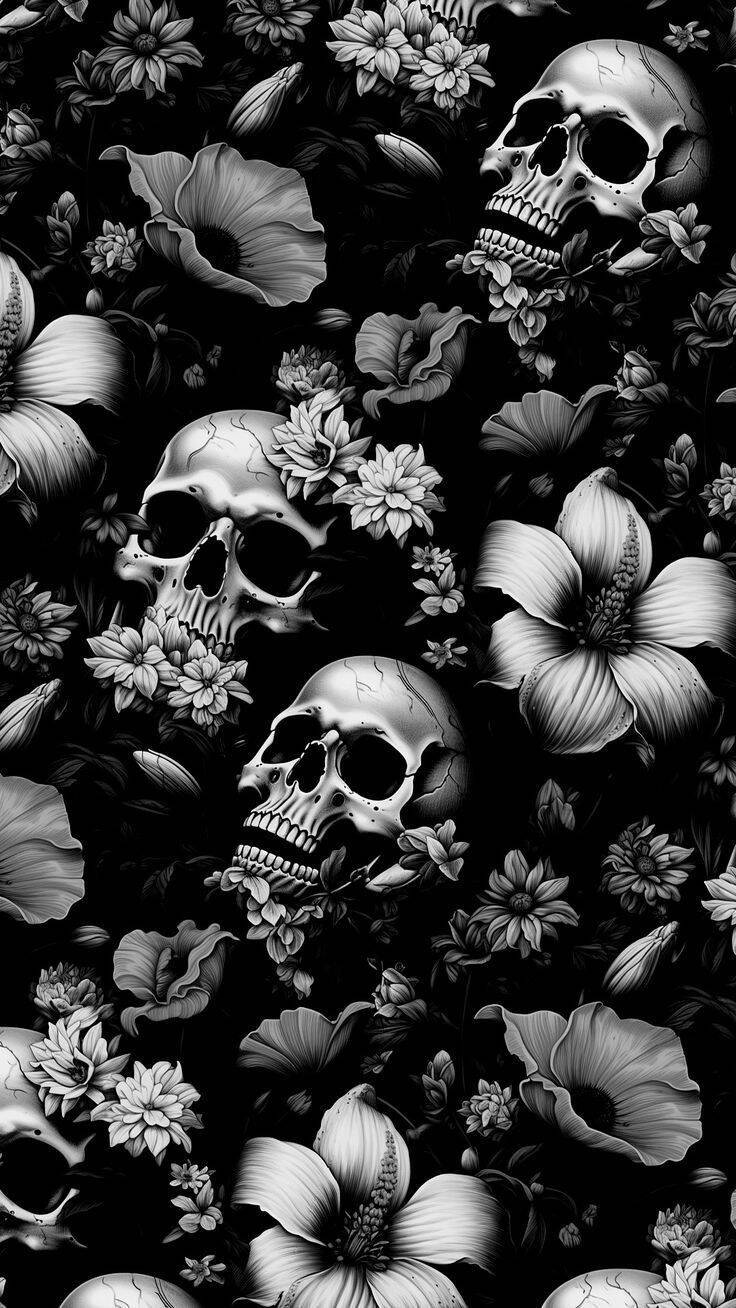 Black and White Wallpaper with Skulls and Flowers for Cell Phone/iPhone 4K