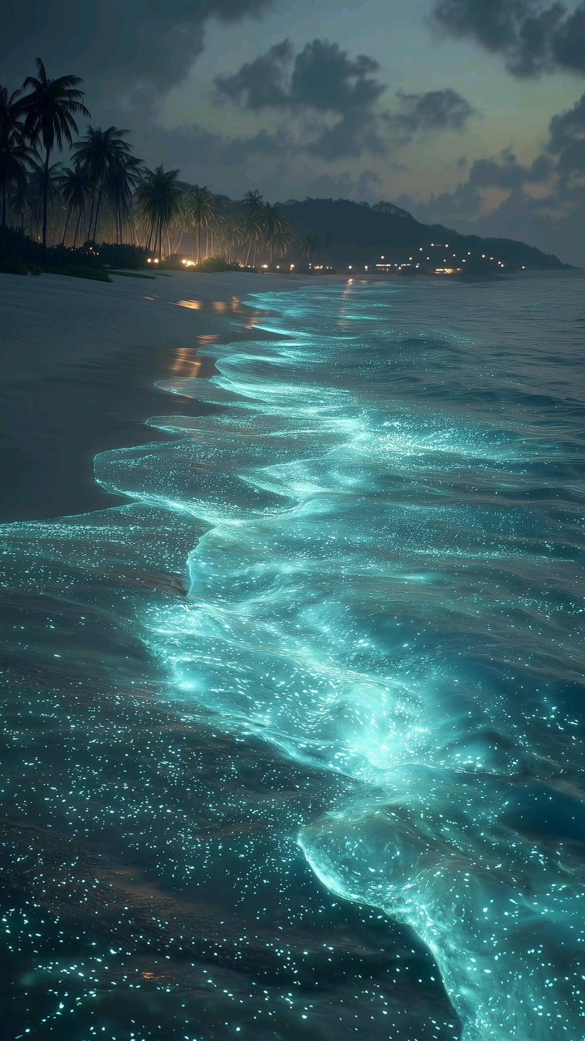 Fondo de Pantalla de Playa con Olas Brillantes y Cielo Nocturno para Móvil/iPhone 4K