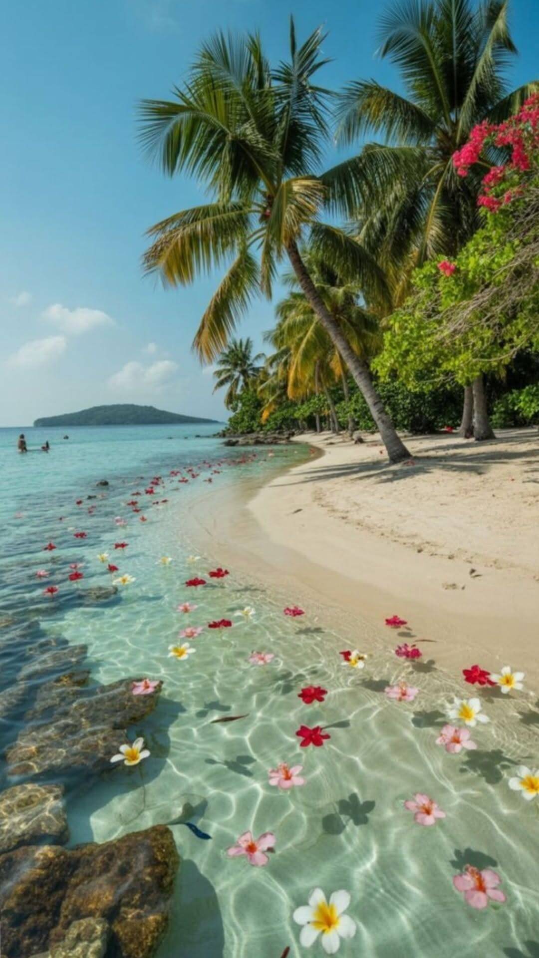 Papel de Parede de Praia com Flores e Água Cristalina para Celular/iPhone 4K